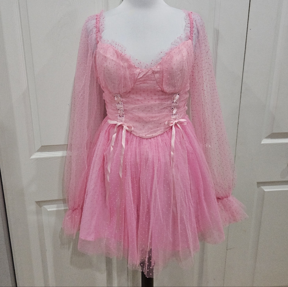 Dolls Kill Sugar Thrillz Heavenly Affair Babydoll Pink Swiss Dot Whimsical Dress